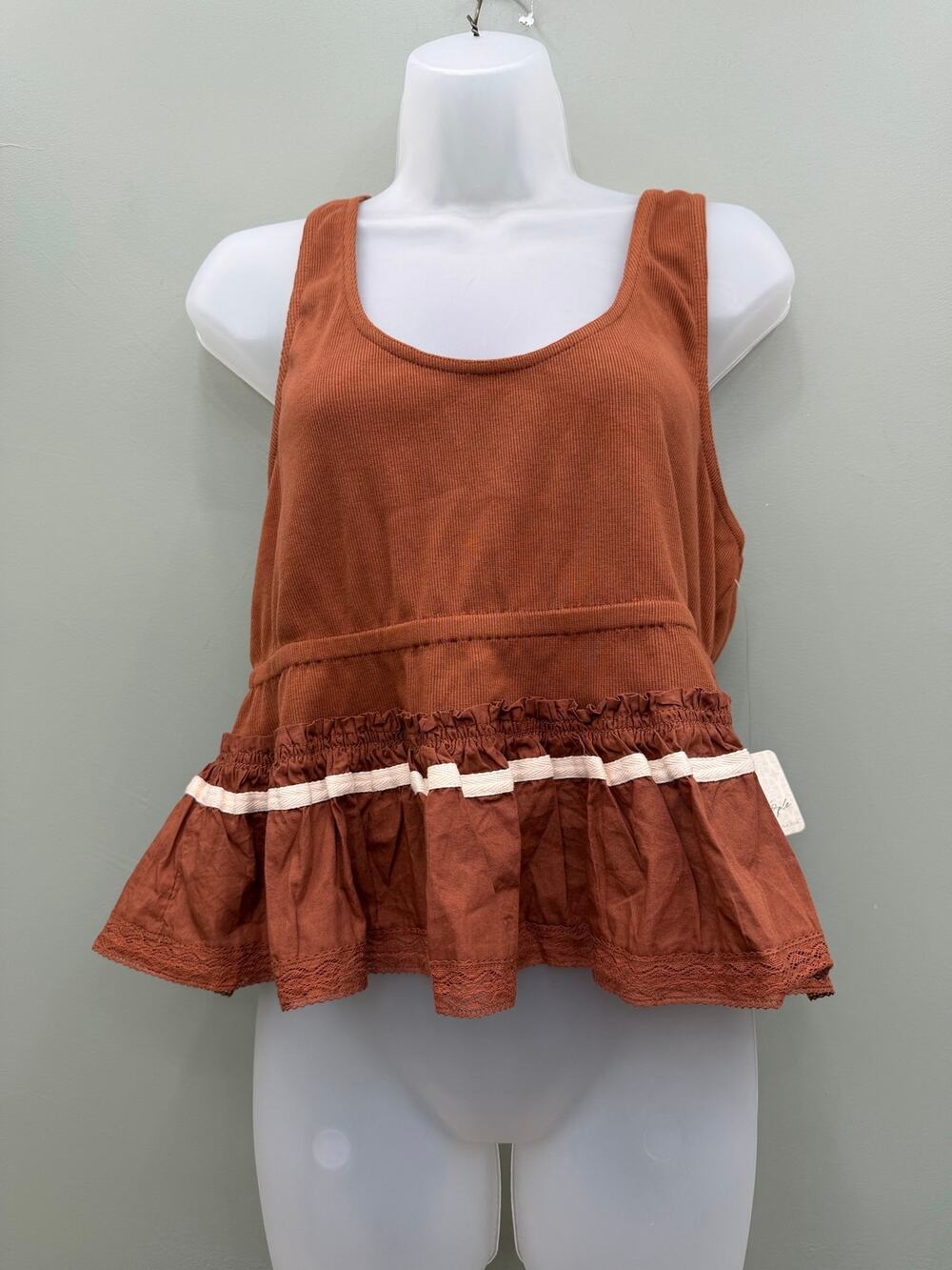 Free People Free-est Tank Top L Honey Topaz Ruffle Peplum Lace NWT